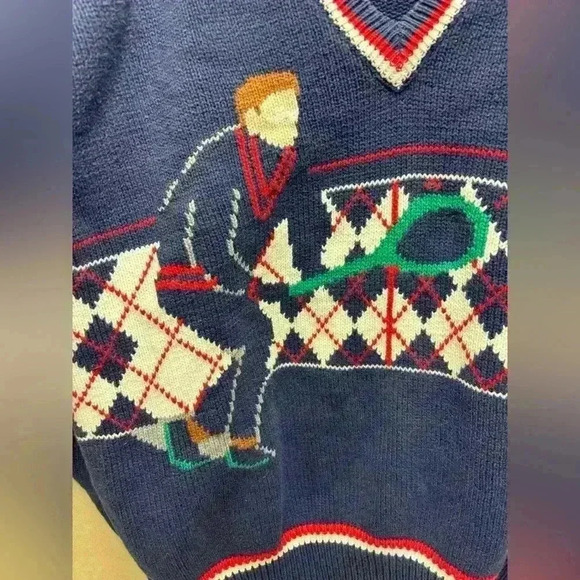 Lazarus Vintage Hand-loomed Sweater Tennis Player with Argyle Design Size Large - Picture 3 of 9